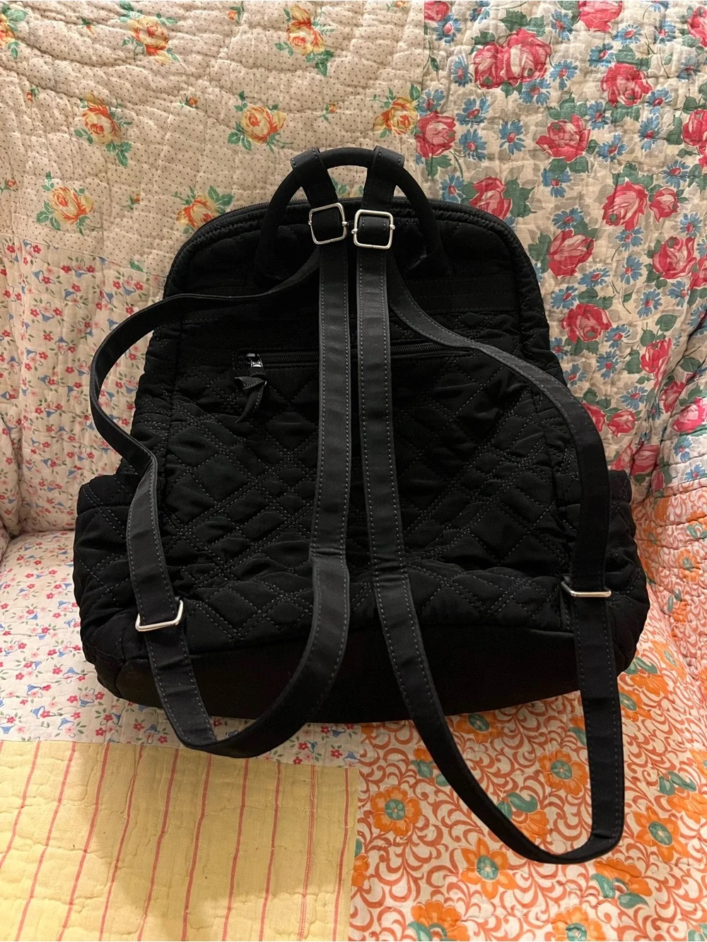 Vintage Retired Vera Bradley Black Quilted Zip Backpack Zebra Lining